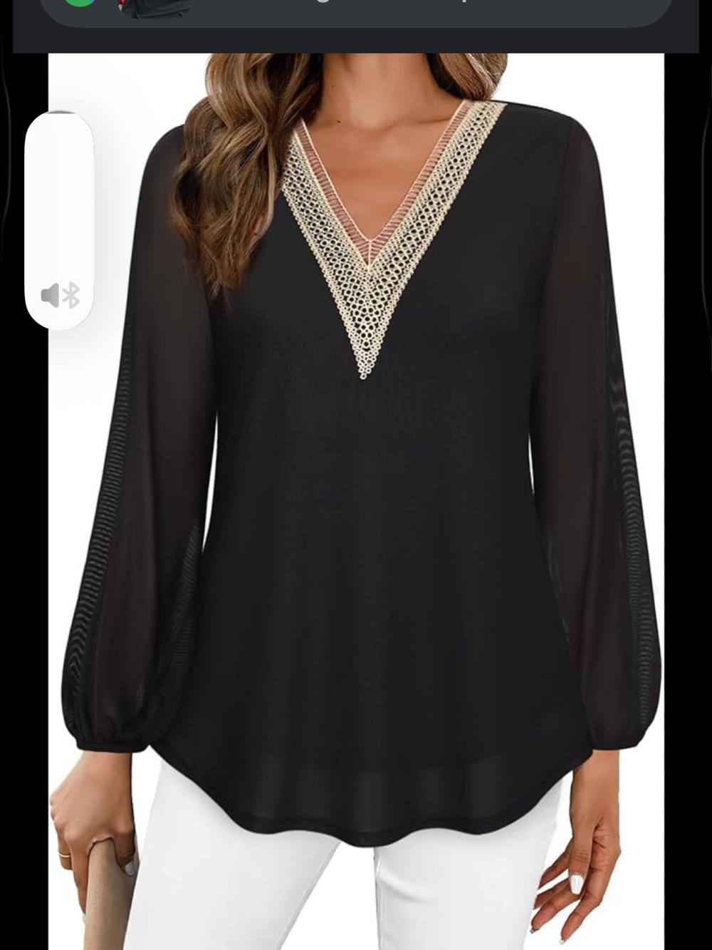 Black V-Neck Crochet Trim Long Sleeve Blouse
